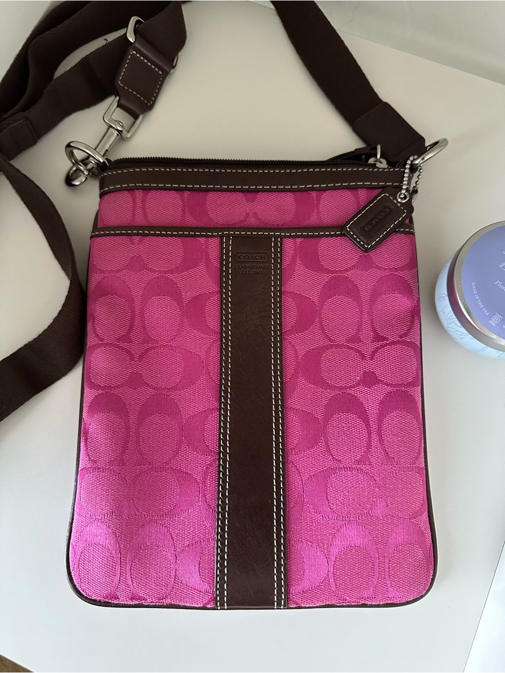 Coach Pink Signature Crossbody with Brown Leather Trim